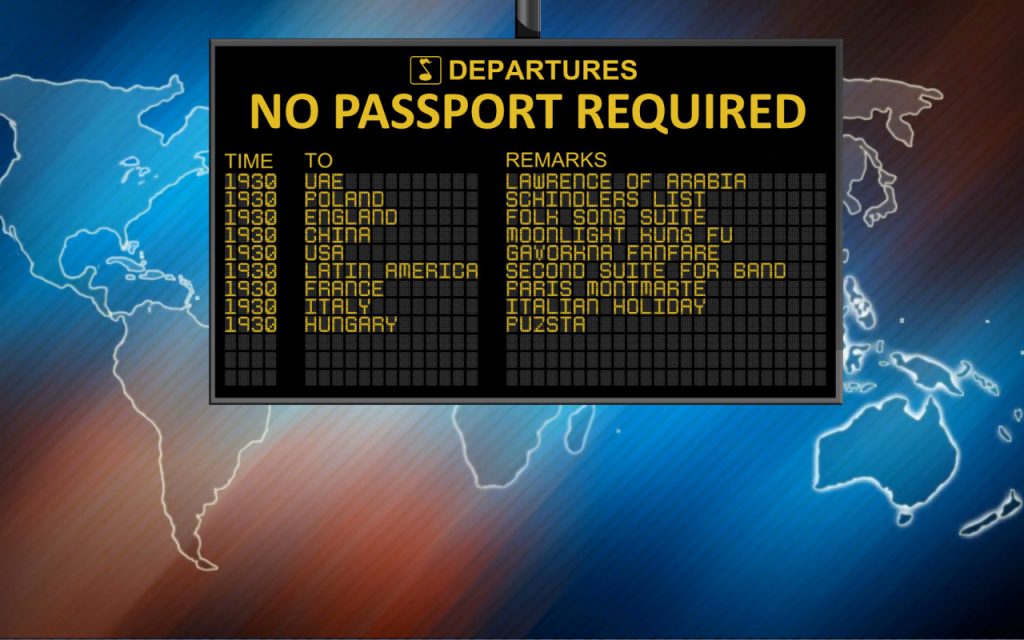 An airport departures sign. Text says: No Passport Required.